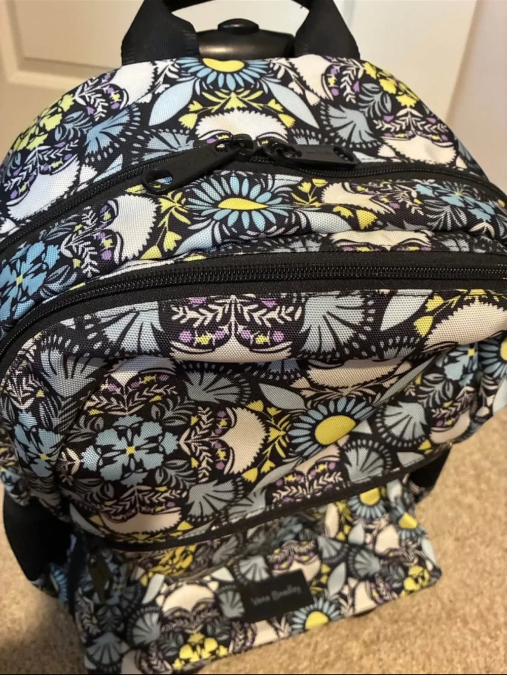 Rolling Vera Bradley Black, Yellow & Light Blue Floral Backpack